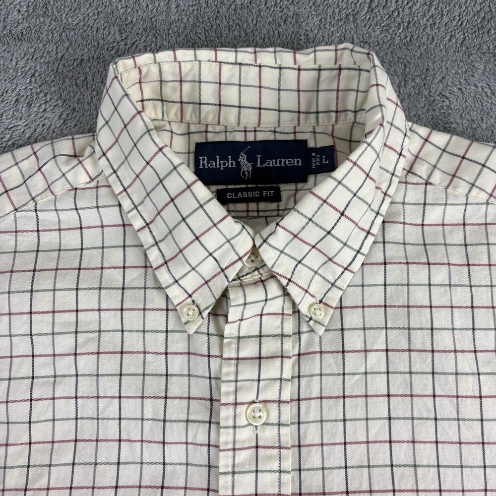 Ralph Lauren Black Button Down Shirt Men's L Beige Plaid Long Sleeve Blue Pony